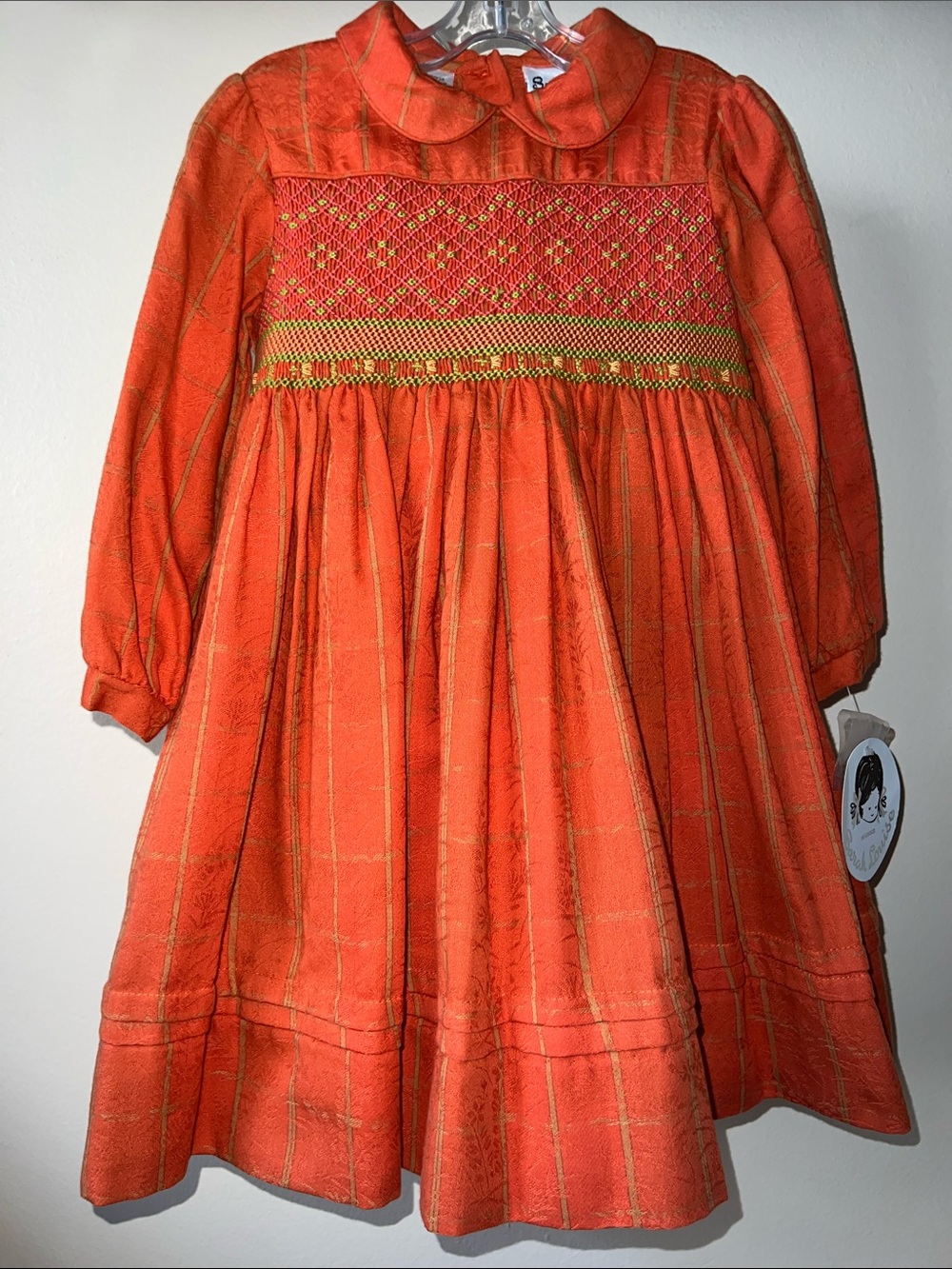 Vintage Sarah Louise Burnt Orange Smocked Brocade Dress